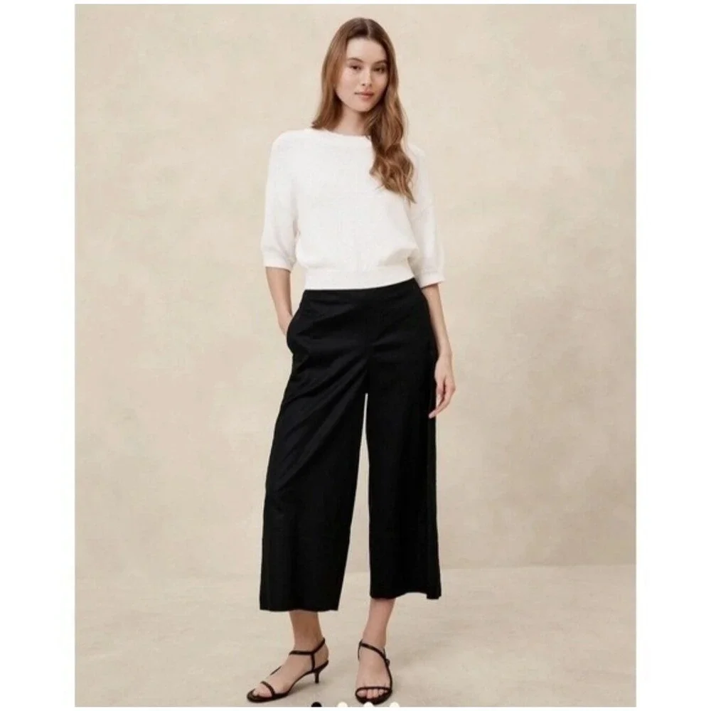 New Banana Republic Linen Blend Pants Medium Wide Leg Cropped Flowy Black Cruise